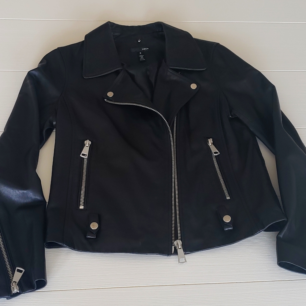 AQUA 100% Genuine black Leather jacket sz M